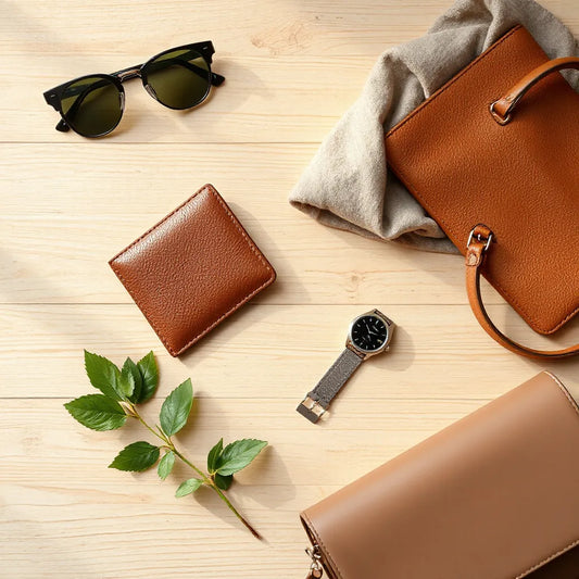 Minimal set of elegant accessories on a light wood table with soft natural light