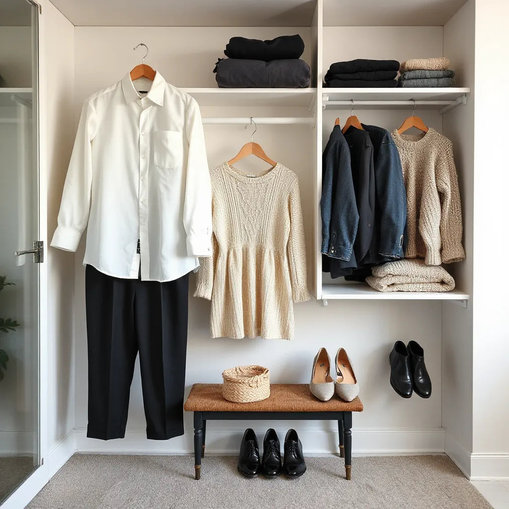 Neatly arranged wardrobe essentials including shirts, trousers, a sweater, and a denim jacket in a tidy closet.