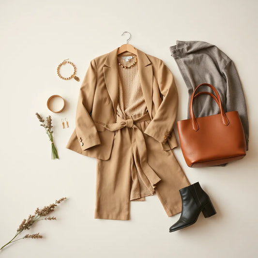 Curated designer-inspired outfit with blazer, trousers, belt, jewelry, tote, and boots on a neutral background