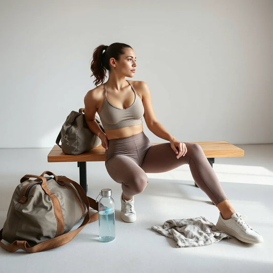Model in coordinated stylish activewear with a minimal bag and jacket in a bright studio