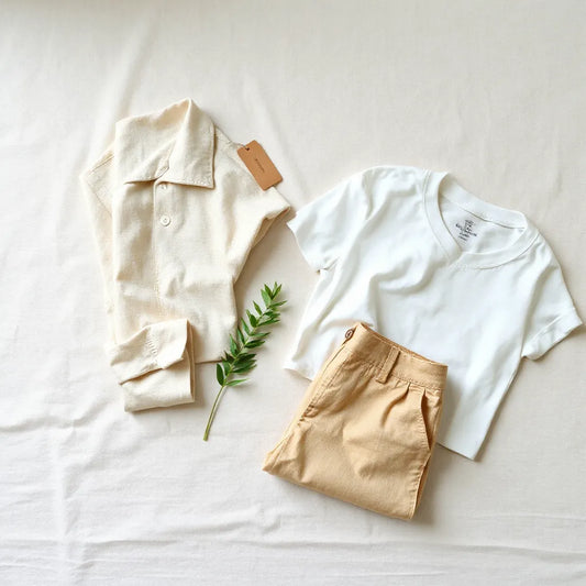 Folded eco-friendly clothing made from linen, organic cotton, and hemp with natural leaf accents