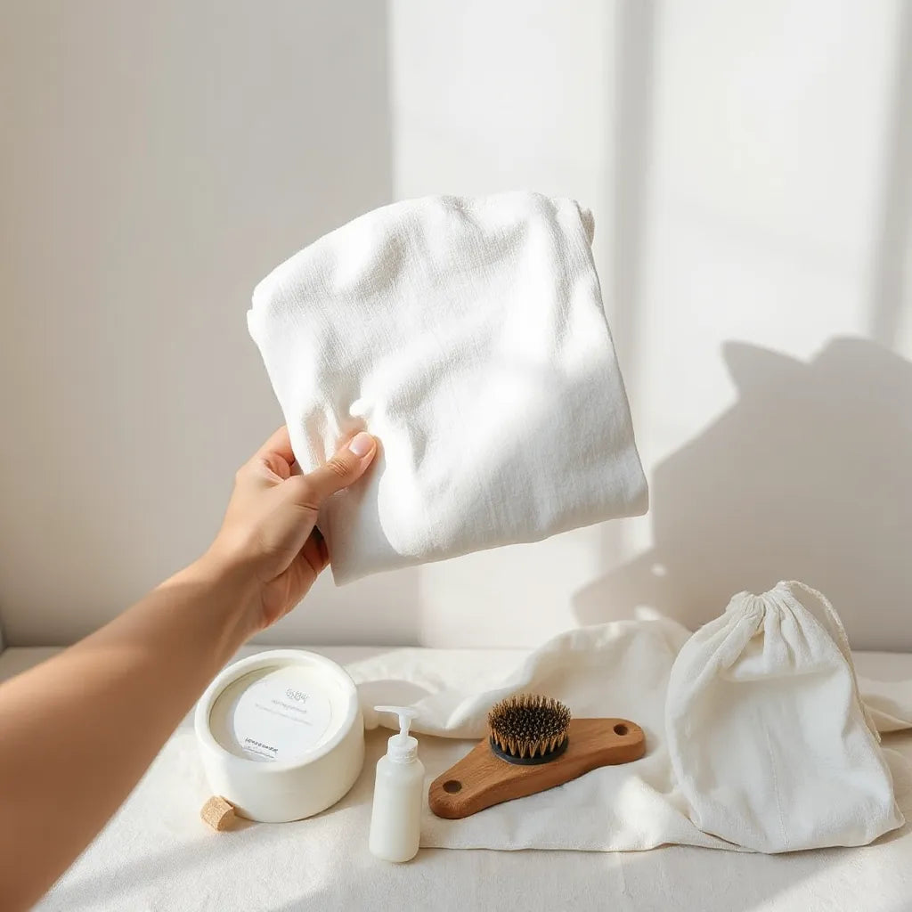 Person holding a neatly folded natural-fiber garment with a simple reusable garment bag nearby