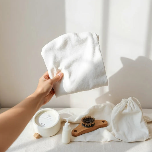 Person holding a neatly folded natural-fiber garment with a simple reusable garment bag nearby