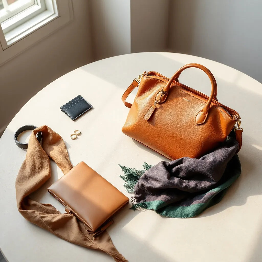 Curated set of luxury handbags, scarf, belt, and jewelry styled on a neutral tabletop.