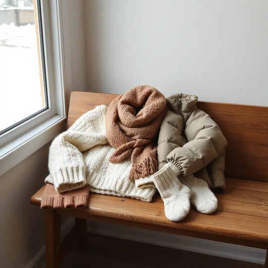 Cozy winter outfit essentials laid out with knit sweater, scarf, puffer jacket, beanie, and socks.