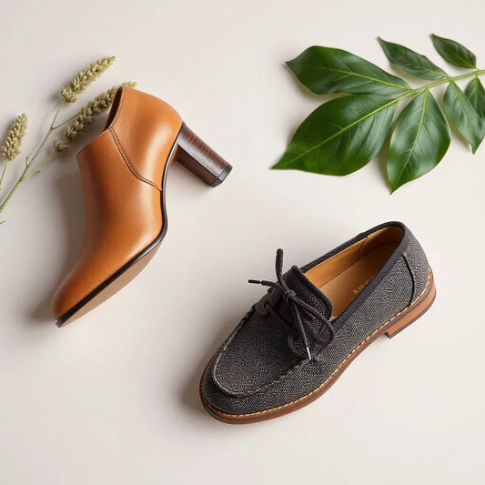 Elegant leather heels and a casual loafer arranged neatly on a neutral background