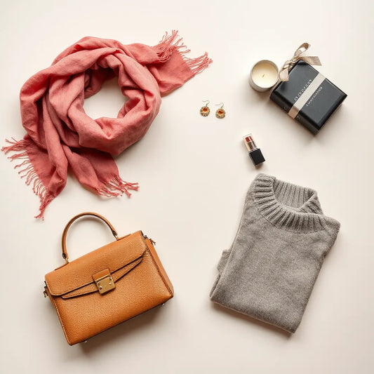 Neatly arranged women’s accessories and apparel items on a neutral background