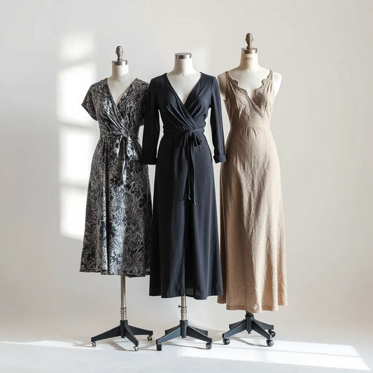 Three uniquely designed dresses on mannequins with distinct silhouettes and textures under soft light