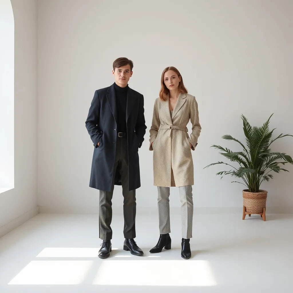 Styled models wearing tailored designer fashion clothing with coats, dresses, and structured trousers in a bright studio