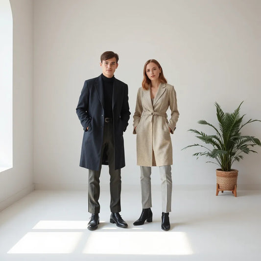 Styled models wearing tailored designer fashion clothing with coats, dresses, and structured trousers in a bright studio