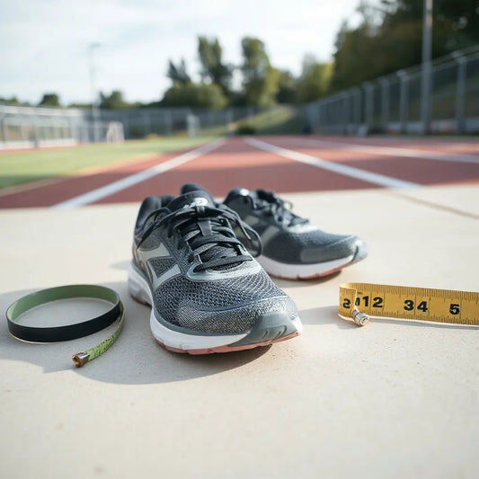 Modern running shoes with visible tread and cushioning on a clean surface near a measuring tape