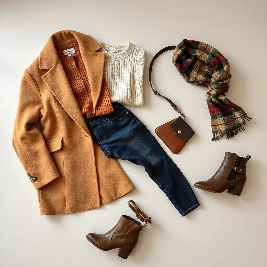 Layered autumn outfits with a camel coat, knit sweater, scarf, jeans, and ankle boots