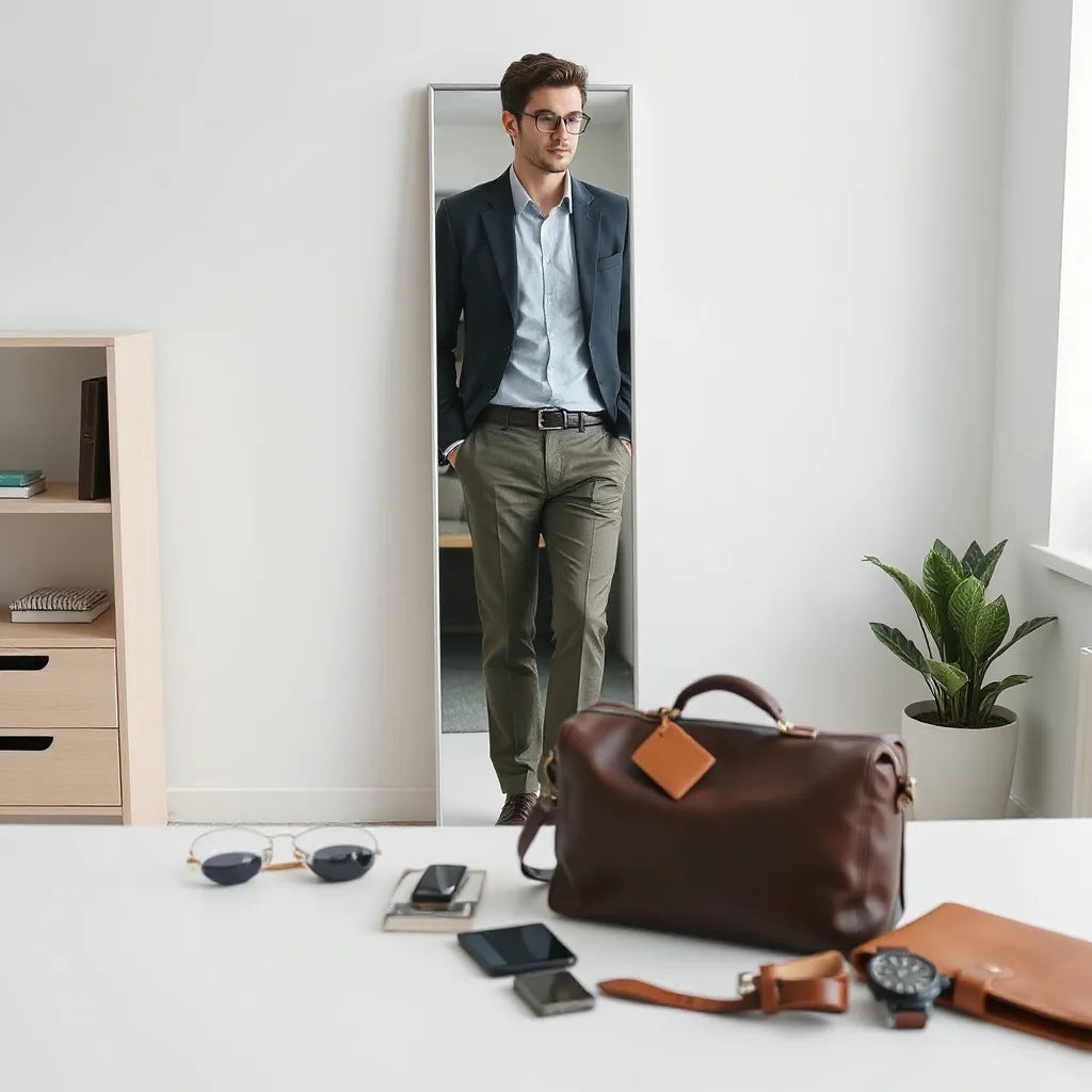 Tailored blazer and smart trousers styled for a polished office look in a modern workspace