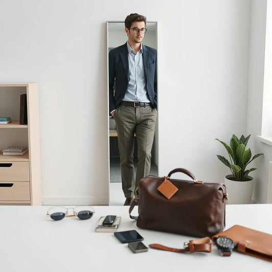 Tailored blazer and smart trousers styled for a polished office look in a modern workspace