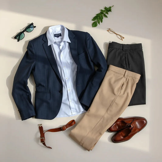 Tailored blazer, dress shirt, trousers, belt, and polished shoes arranged for a refined men’s outfit