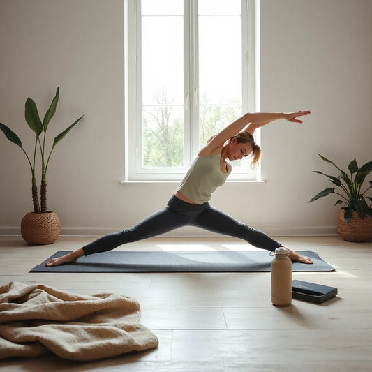 Person stretching in sustainable activewear with a yoga mat and natural window light in a clean studio.
