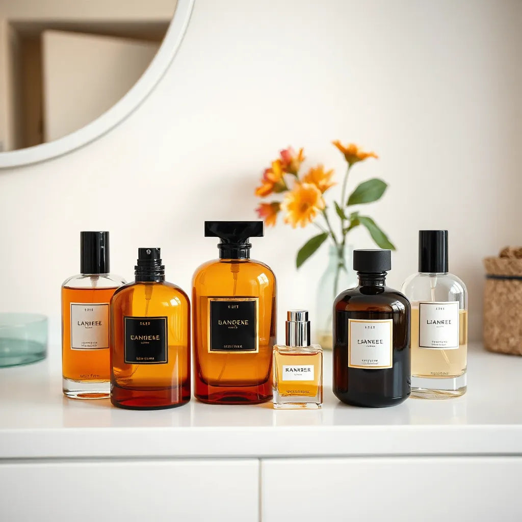 Bold perfume bottles with warm amber tones on a minimalist vanity with soft floral accents