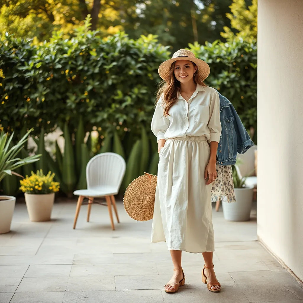 Sunlit patio styling with a model in lightweight summer pieces and an extra outfit on a nearby chair