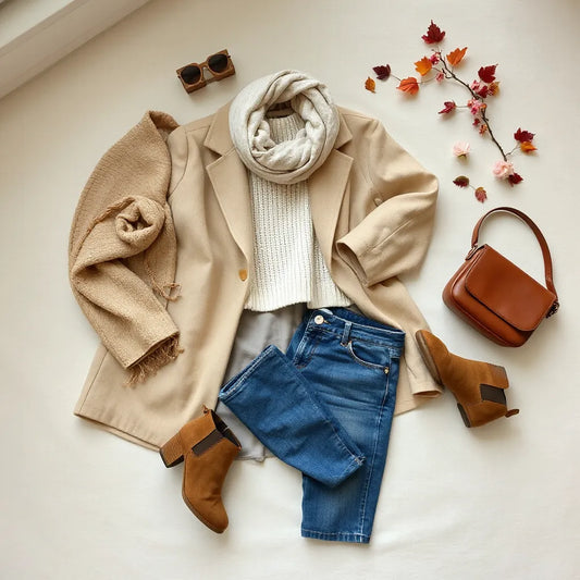 Neatly arranged seasonal clothing and accessories on a light fabric surface under soft natural light