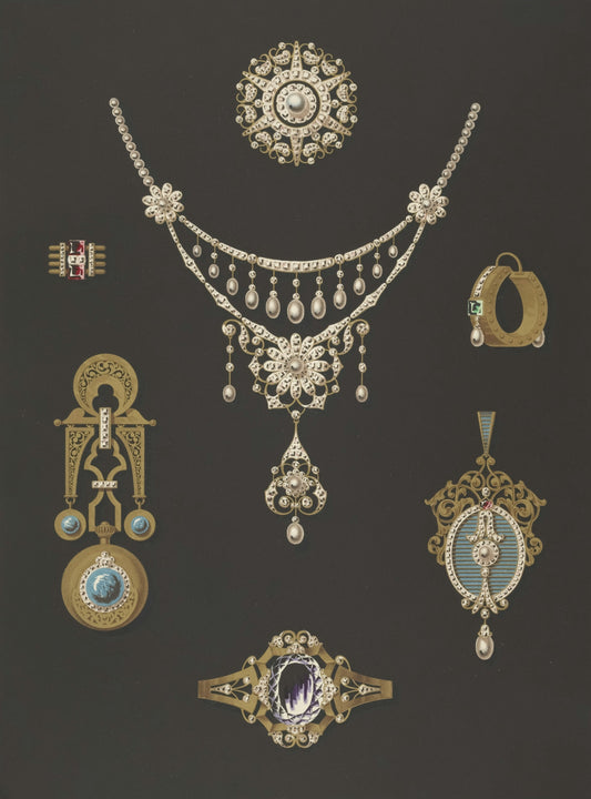 Collection of ornate antique jewelry with diamonds and pearls.