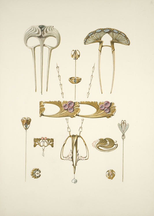 Collection of art nouveau jewelry and hair accessories
